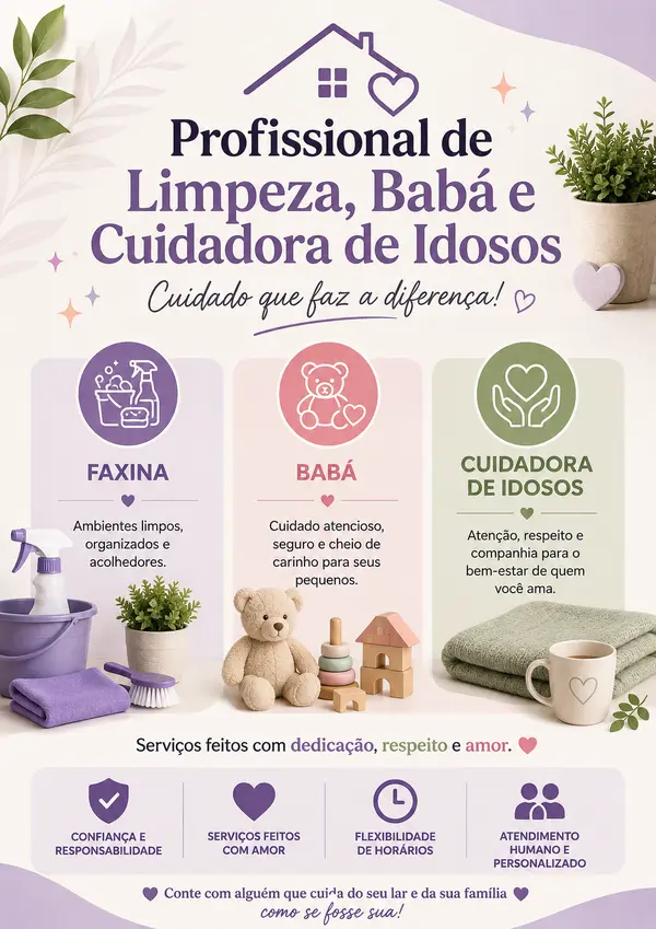 Profissional de Limpeza, Babá e Cuidadora de Idosos