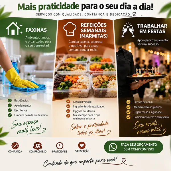 Faxinas , refeições semanais ( marmitas ) , trabalhar em festas